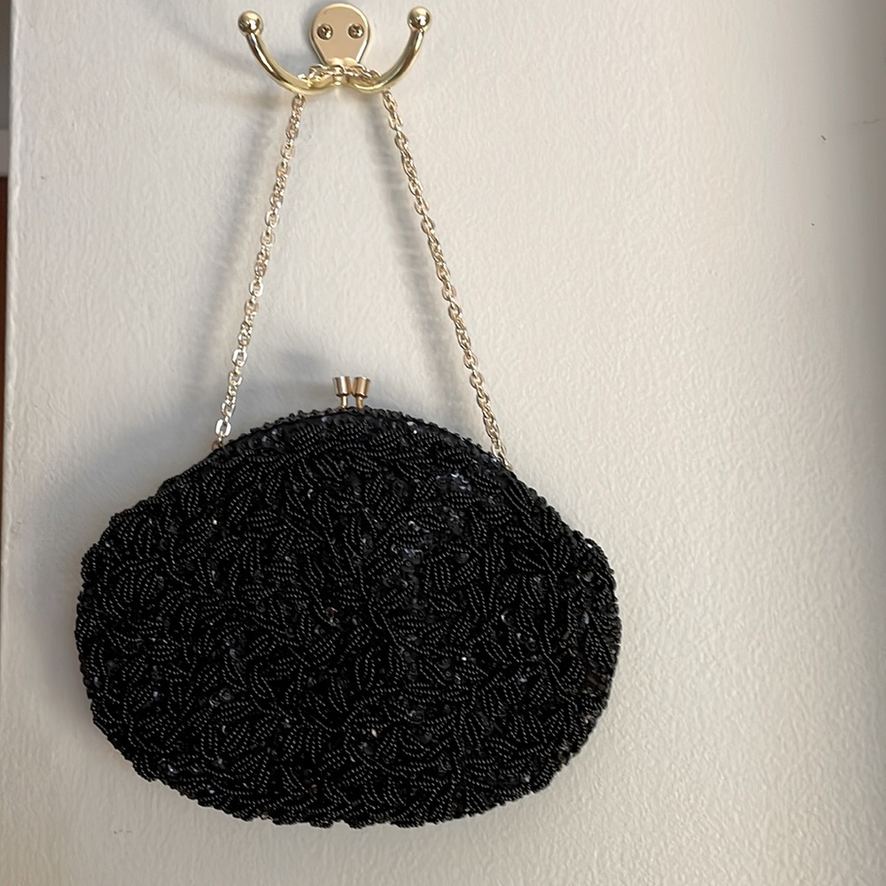 Black beaded bag   Satin lined tag says Richere by Waldorf. vintage
